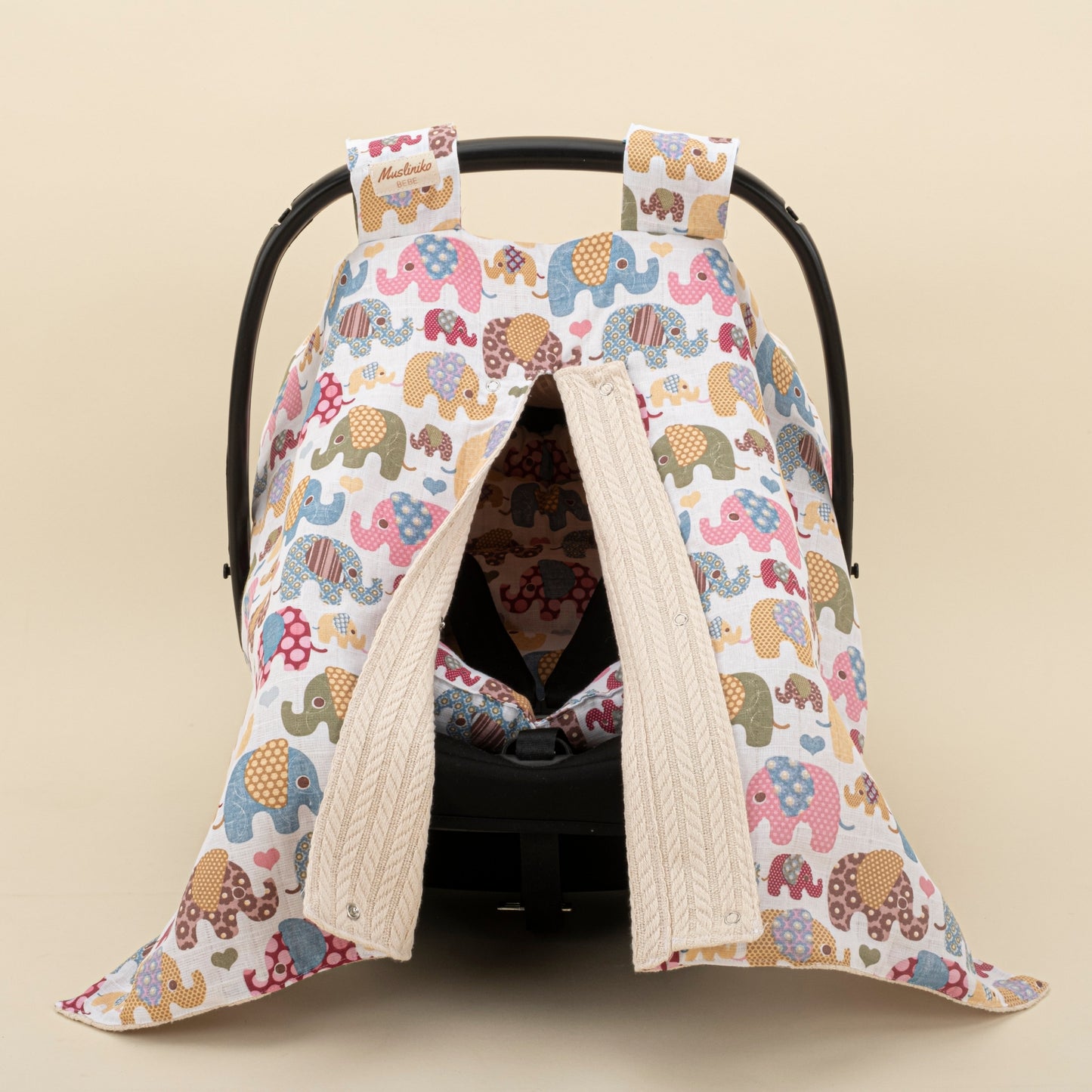 Stroller Cover Set - Double Side - Milk Brown Knitted - Colorful Elephants