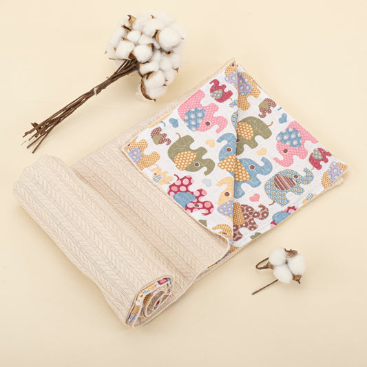 Pique Blanket - Double Side - Milk Brown Knit - Colorful Elephants