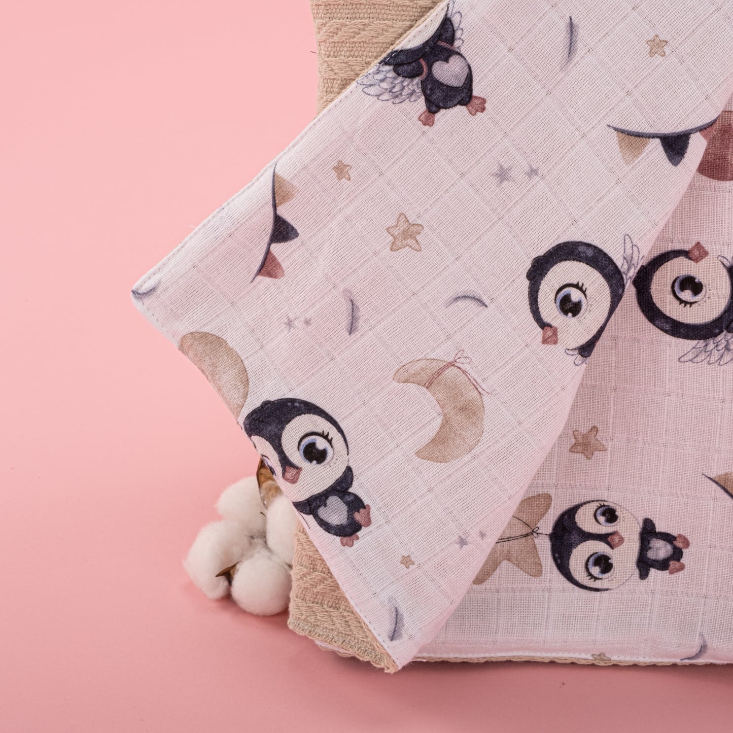 Pique Blanket - Double Side - Milk Brown Knitting - Penguin