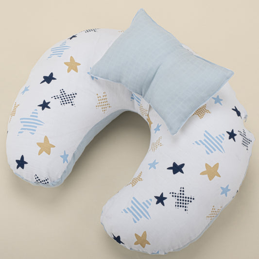Breastfeeding Pillow - Bebe Blue Muslin - Blue Star