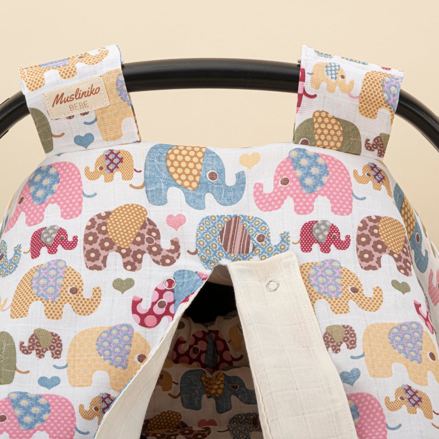 Stroller Cover Set - Double Side - Cream Muslin - Colored Elephants