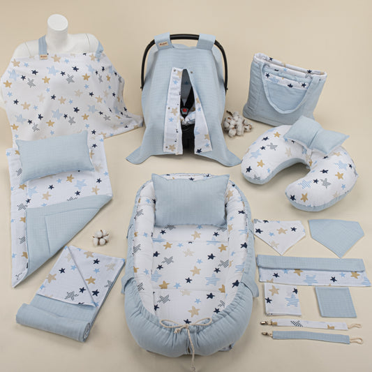 15 Piece Full Set - Newborn Sets - Bebe Blue Muslin - Blue Star