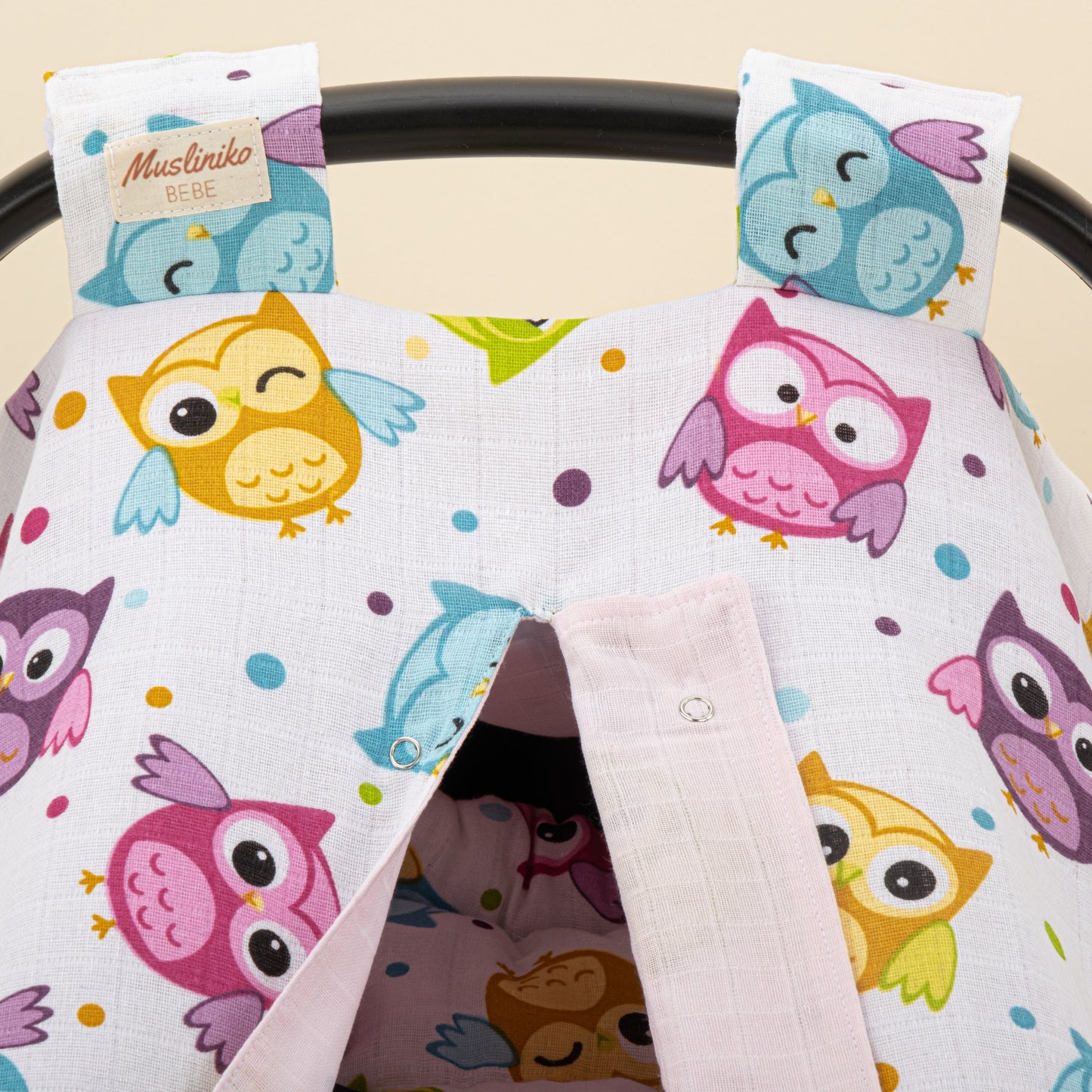 Stroller Cover Set - Double Side - Baby Pink Muslin - Owl