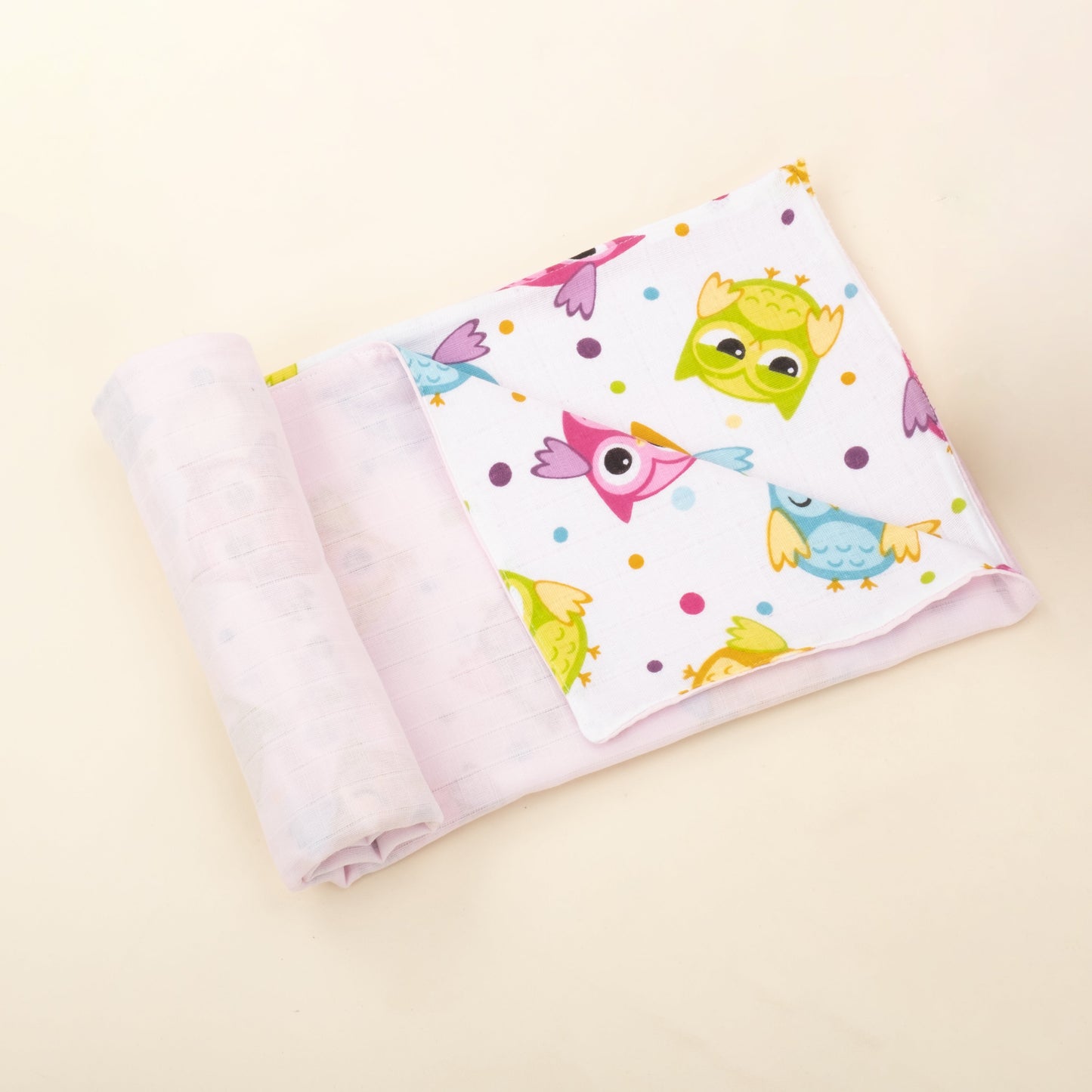 Double Sided Muslin Blanket - Baby Pink Muslin - Owl