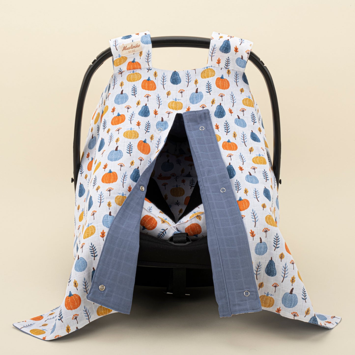 Stroller Cover Set - Double Side - Indigo Muslin - Orange Pumpkin