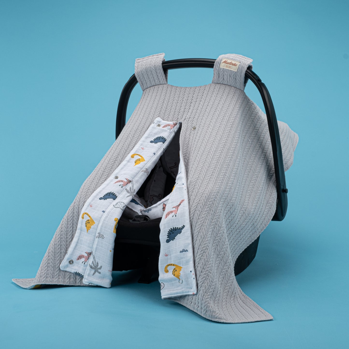 Stroller Cover Set - Double Side - Gray Knit - Dinosaur