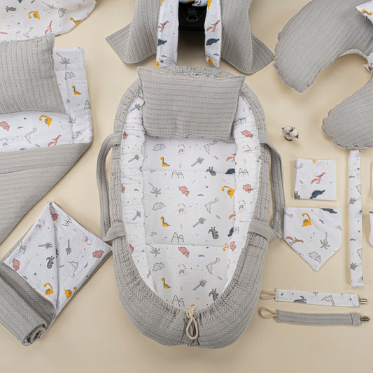 15 Piece Full Set - Newborn Sets - Gray Knit - Dinosaur