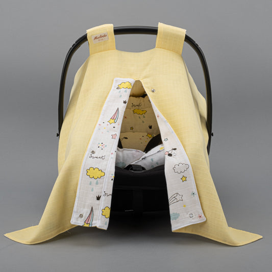 Stroller Cover Set - Double Side - Yellow Muslin - Flying Hearts
