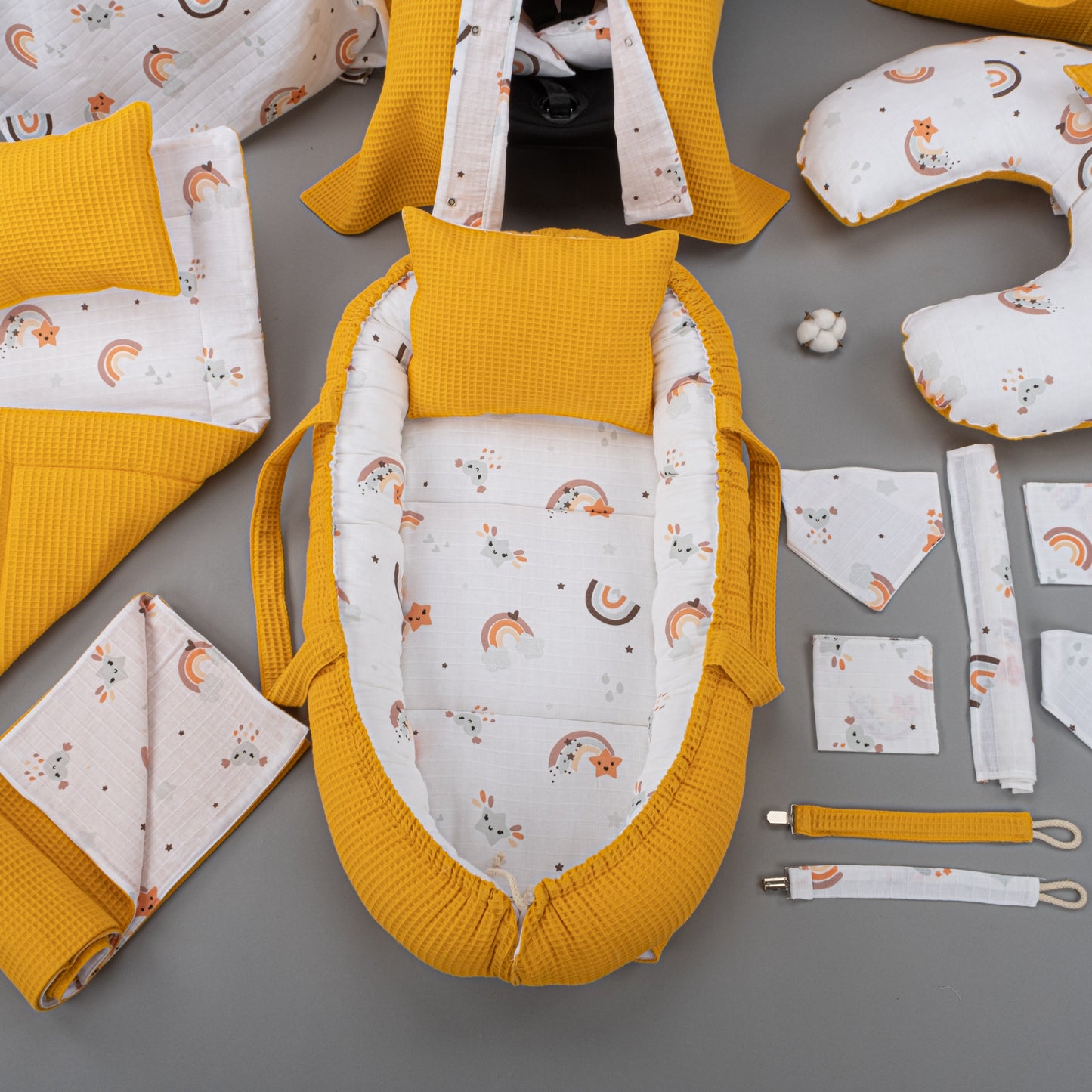 15 Piece Full Set - Newborn Sets - Mustard Honeycomb - Orange Rainbow