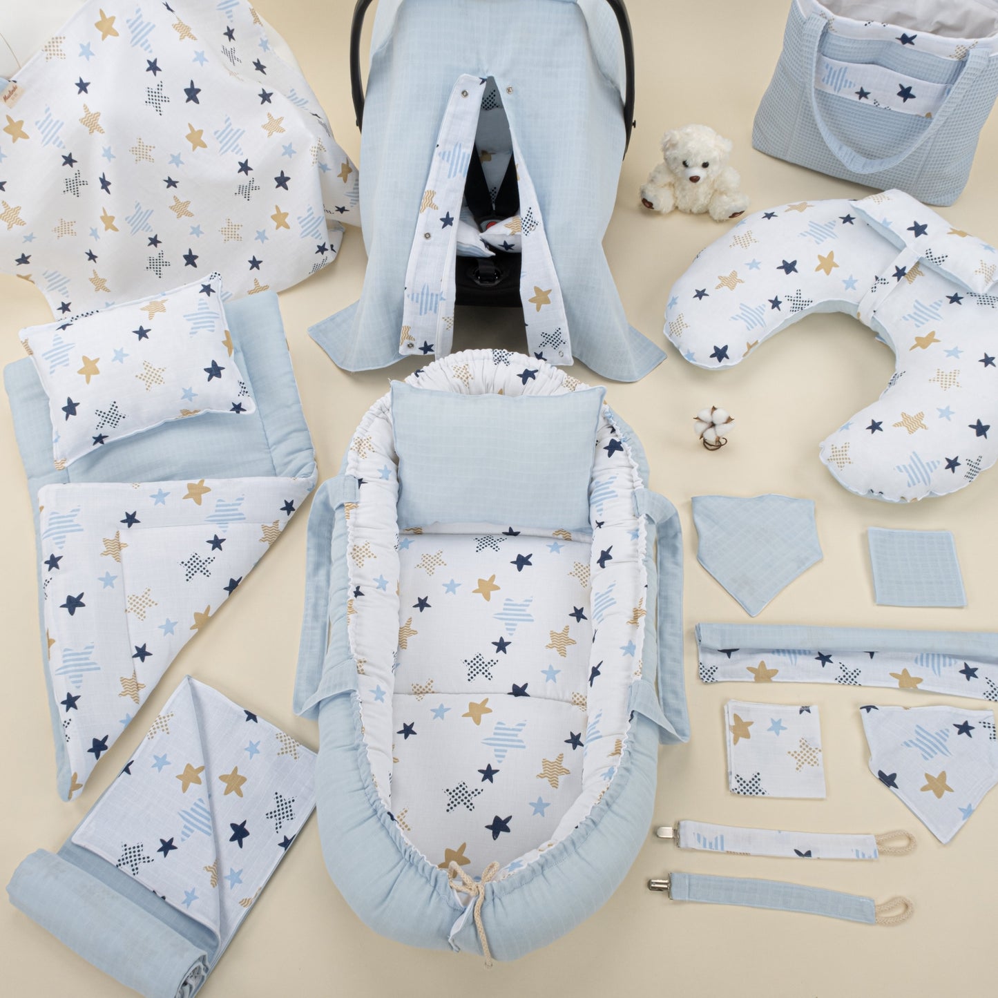 15 Piece Full Set - Newborn Sets - Bebe Blue Muslin - Blue Stars