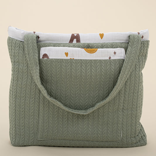 Baby Care Bag - Dark Green Knit - Galaxy and Letters