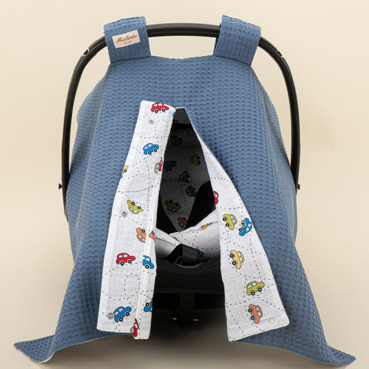 Stroller Cover Set - Double Side - Indigo Honeycomb - Colored Cars
