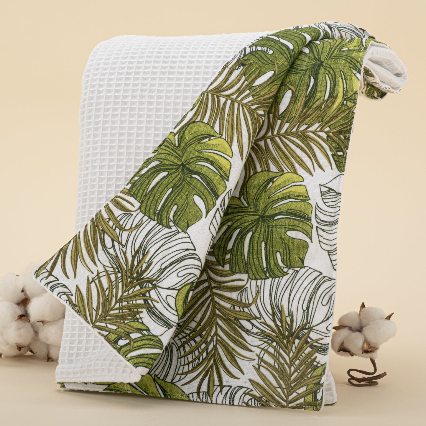 Pique Blanket - Double Side - White Honeycomb - Palm Leaves