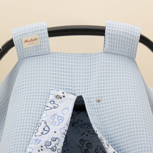Stroller Cover Set - Double Side - Blue Honeycomb - Blue Tiny Cars