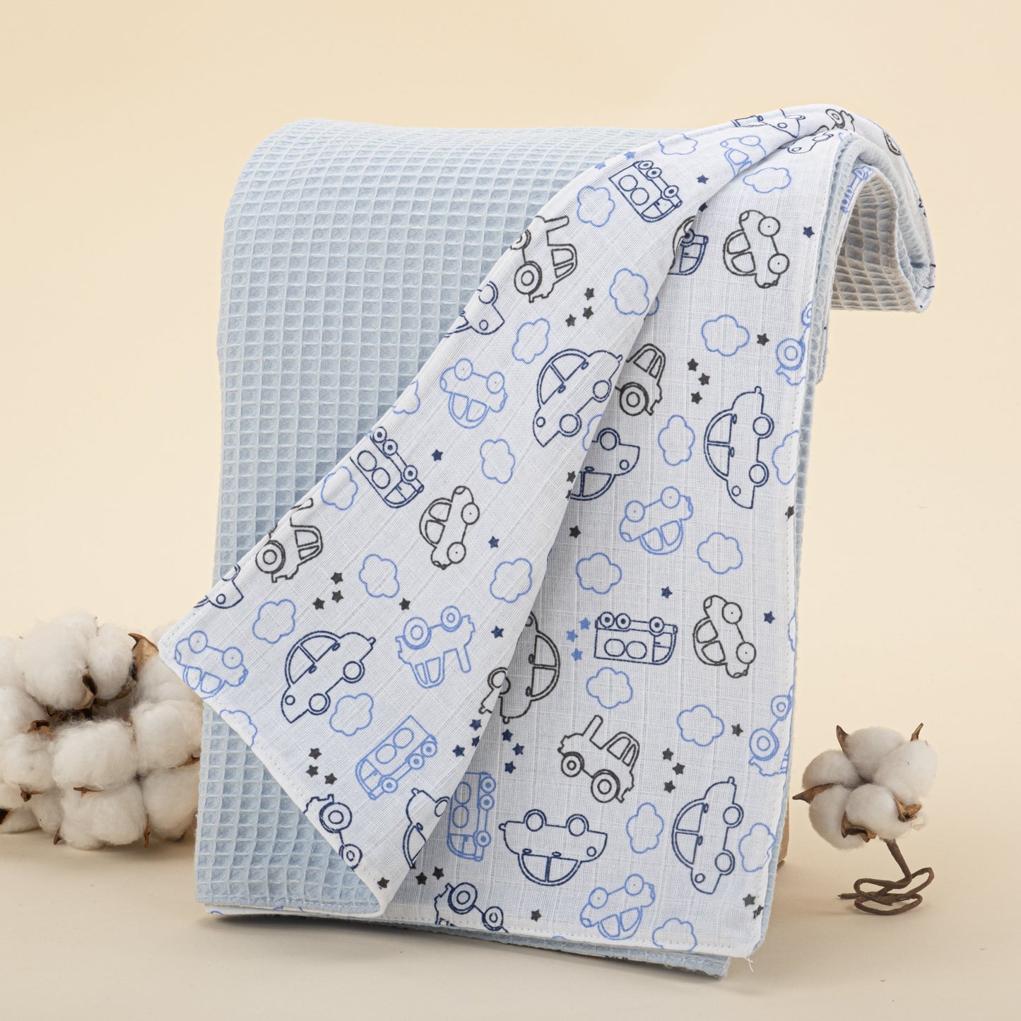 Pique Blanket - Double Side - Blue Honeycomb - Blue Tiny Cars