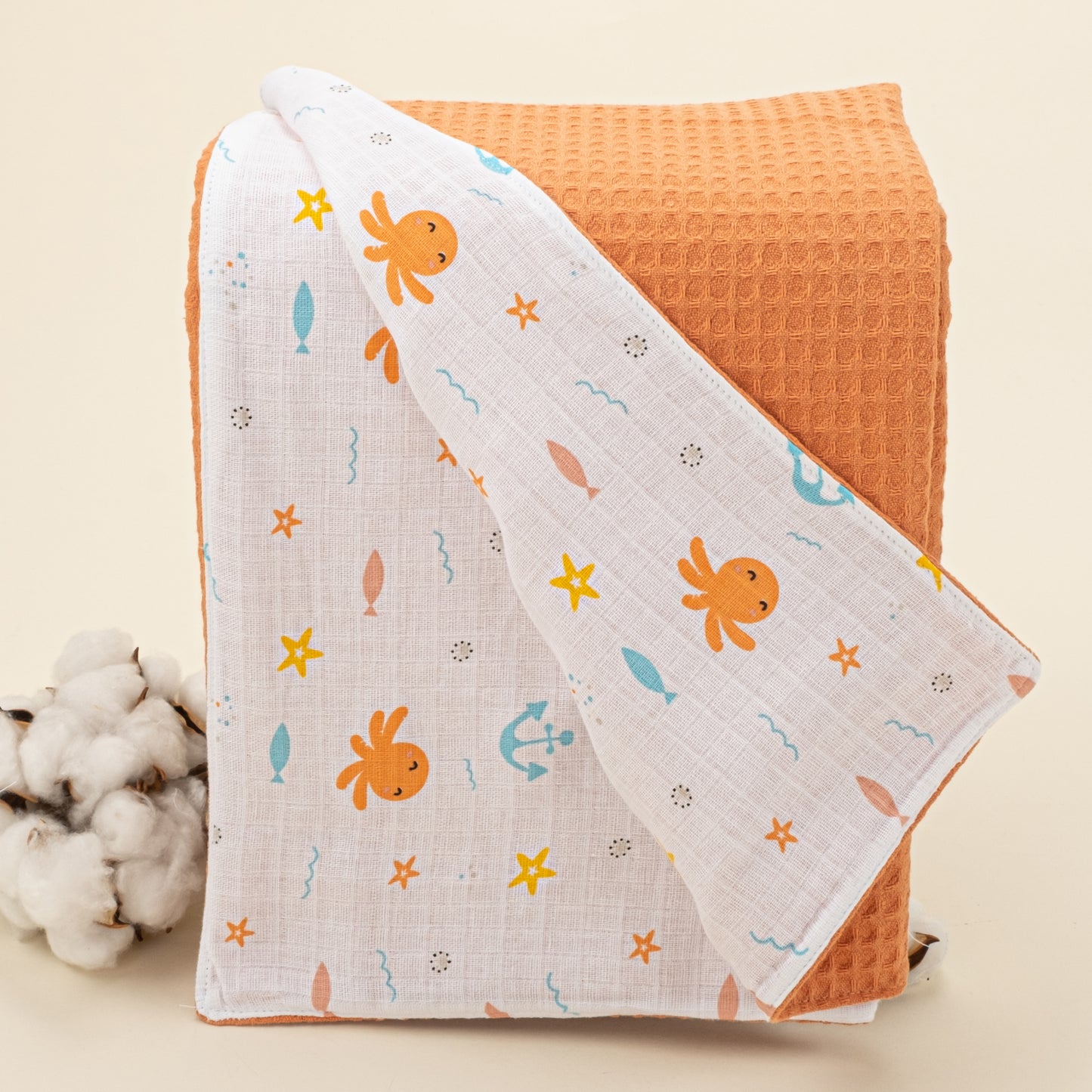 Pique Blanket - Double Side - Orange Honeycomb - Octopus